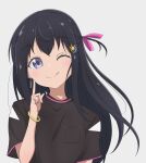  :q absurdres black_hair blush bracelet breast_pocket brown_shirt closed_mouth earrings finger_to_cheek hair_between_eyes hair_ribbon hand_up head_tilt highres idoly_pride index_finger_raised jewelry kon_wel72 long_bangs looking_at_viewer nagase_mana one_eye_closed one_side_up pink_ribbon pocket purple_eyes raised_eyebrows ribbon shirt short_sleeves sidelocks simple_background smile straight-on tongue tongue_out upper_body white_background 