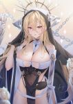  1girl absurdres azur_lane black_gloves blonde_hair breast_cutout breasts chain cleavage covered_navel fake_horns gloves habit hair_between_eyes half_gloves highres horns implacable_(azur_lane) large_breasts long_bangs long_hair looking_at_viewer nun orange_eyes pelvic_curtain revealing_clothes see-through sking solo statuette two-tone_dress veil very_long_hair white_horns 