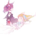  2girls animal_ear_fluff animal_ears apple arknights black_dress braid closed_eyes closed_mouth clothing_cutout commentary_request dress extra_ears food fox_ears fox_girl fruit hair_ornament holding holding_food holding_fruit kemono_(fukanasumi) long_hair multiple_girls parted_lips purple_eyes purple_hair shamare_(arknights) short_hair shoulder_cutout simple_background skull_hair_ornament suzuran_(arknights) twintails white_background white_dress 