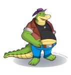  2023 absurd_res alligator alligatorid anthro belly big_belly blue_chamomilee bottomwear brok_(character) brok_the_investigator clothing crocodilian green_body hat headgear headwear hi_res male overweight overweight_male pants reptile scalie shirt simple_background solo topwear 