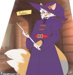  absurd_res anthro arcanis_(hahaluckyme) calico_cat clothed clothing digital_media_(artwork) domestic_cat felid feline felis female fur hair hat headgear headwear hi_res magic_user mammal purple_clothing smile solo tail vixie00 wand white_hair witch 