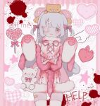  1girl bandaid_on_thigh blood blood_splatter blush braid brown_eyes candy commentary dress english_commentary eyepatch food fur-trimmed_dress fur_trim grey_hair heart heart_lollipop highres lollipop long_hair medical_eyepatch mercure_1104 open_mouth original pink_dress pink_ribbon pink_theme ribbon shaped_lollipop side_braids smile stuffed_animal stuffed_toy teddy_bear thighhighs two_side_up white_thighhighs 