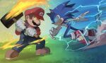  2boys animal_ears animal_nose battle black_hair blue_eyes blue_fur blue_overalls boots brown_footwear brown_hair buttons crossover dust dust_cloud facial_hair fire gloves grass hammer hedgehog hedgehog_ears hedgehog_tail highres holding holding_hammer jourd4n lightning long_sleeves looking_at_another mario mario_(series) multiple_boys nintendo orange_hair overalls red_headwear red_shirt red_sleeves rivalry running sega shirt shoes short_hair smile sneakers snout socks sonic_(series) sonic_the_hedgehog speed_lines standing tail white_gloves white_socks 