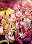  2girls ;d belly_chain belt blonde_hair blurry blurry_background blush bow breasts collar confetti crop_top cropped_jacket cropped_shirt detached_collar earrings fang glowstick hair_between_eyes hair_bow hair_ribbon hand_on_another&#039;s_hip hand_up heart heart_earrings highres idolmaster idolmaster_cinderella_girls idolmaster_cinderella_girls_starlight_stage indoors jacket jewelry jougasaki_mika jougasaki_rika kei_s01 long_hair looking_at_viewer medium_breasts midriff multicolored_clothes multicolored_shirt multicolored_skirt multiple_girls navel necktie one_eye_closed open_clothes open_jacket open_mouth pink_hair pink_necktie pink_ribbon ribbon shirt short_sleeves skirt small_breasts smile sparkle stage strapless strapless_shirt striped striped_ribbon sweat teeth twintails two-tone_ribbon two_side_up upper_teeth_only v white_belt white_collar wrist_cuffs yellow_eyes yellow_necktie yellow_ribbon 