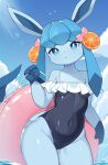  1girl animal_ears ass_visible_through_thighs blue_eyes blue_hair blue_one-piece_swimsuit breasts clothed_pokemon cloud covered_navel expressionless food fruit glaceon groin highres innertube liteee looking_at_viewer one-piece_swimsuit orange_(fruit) orange_slice outdoors personification pokemon pokemon_(creature) short_hair sky small_breasts solo swimsuit tail thighs wading water 