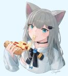  1girl absurdres animal_ears black_choker blue_background blue_eyes cat_ears cat_girl cheese_trail choker food grey_hair hair_ornament highres holding holding_food holding_pizza indie_virtual_youtuber juicyurchin long_hair looking_at_viewer nachoneko pepperoni pizza pizza_slice shirt signature simple_background sleeves_past_wrists solo virtual_youtuber white_shirt 