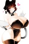  1girl animal_ears black_gloves black_leotard black_thighhighs blunt_bangs breasts brown_eyes cat_ears cat_girl cat_tail cleavage closed_mouth commentary_request covered_navel cowboy_shot detached_collar extra_ears gloves haseru_(ginku_mh) heart heart-shaped_pupils huge_breasts kaenbyou_rin leotard looking_at_viewer medium_hair nekomata simple_background smile solo symbol-shaped_pupils tail thighhighs touhou white_background 