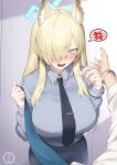  1girl animal_ear_fluff animal_ears bangs black_skirt blonde_hair blue_archive blue_eyes blush breasts collared_shirt cuffs grey_shirt hair_over_one_eye halo handcuffs highres kanna_(blue_archive) large_breasts long_hair long_sleeves looking_at_viewer necktie open_mouth sharp_teeth shirt skirt solo_focus teeth yaman 