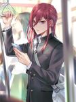  1boy black_jacket blue_lock cellphone chigiri_hyoma closed_mouth cowboy_shot cst hands_up highres holding holding_phone jacket long_hair long_sleeves looking_at_viewer male_focus phone red_eyes red_hair school_uniform smartphone solo standing white_bag 