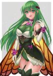  1girl absurdres alternate_costume bare_shoulders breasts cleavage cowboy_shot elbow_gloves fairy_wings fire_emblem fire_emblem:_shadow_dragon_and_the_blade_of_light fire_emblem_heroes flower gloves green_eyes green_hair hair_flower hair_ornament hazuki_(nyorosuke) highres long_hair looking_at_viewer palla_(fire_emblem) smile solo thighhighs white_gloves wings 