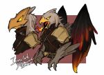 1boy armor beak belt feathered_wings male_focus mask multiple_views open_mouth simple_background slay_the_spire the_ironclad tongue whitose wings yellow_eyes 