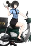  1girl aged_up black_footwear black_hair black_necktie black_skirt blue_shirt blush brown_eyes commentary_request helmet highres honda_super_cub koguma_(super_cub) looking_at_viewer motor_vehicle motorcycle_helmet necktie omachi_(slabco) on_motorcycle pencil_skirt police police_uniform policewoman scooter shirt short_hair short_sleeves simple_background skirt solo super_cub uniform white_background 