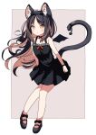  1girl animal_ear_fluff animal_ears black_dress black_footwear black_hair black_hairband black_wings blush breasts brown_background brown_eyes brown_hair cat_ears cat_girl cat_tail closed_mouth collarbone commentary_request daidai_ookami dress fake_horns frilled_dress frills full_body hairband highres horns long_hair looking_at_viewer mini_wings multicolored_hair neck_ribbon original red_ribbon ribbon shoes sleeveless sleeveless_dress small_breasts solo standing tail two-tone_background two-tone_hair very_long_hair white_background wings 