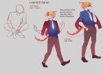  5_fingers anthro beverage_can blonde_hair blue_clothing blue_shirt blue_topwear bone_frill clothed clothing colored crouching dinosaur english_text eyewear fingers footwear frill_(anatomy) hadrosaurid hair hand_in_pants hi_res jacket jazzelart male model_sheet necktie orange_body ornithischian parasaurolophus red_clothing red_jacket red_topwear reptile scalie shirt shoes simple_background slav_squat smile snoot_game snout solo spiked_tail spikes spikes_(anatomy) sunglasses tail text topwear untucked_shirt white_body white_necktie 