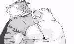 2023 anthro blush canid canine canis clothing domestic_dog duo embrace eyes_closed felid hi_res hug hugging_from_behind kemono male mammal overweight overweight_male pantherine pommn_mn shirt simple_background tiger topwear 