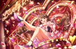  1girl animal_ears bare_legs black_hairband blurry blurry_foreground bow breasts brown_eyes corset drill_hair english_text fake_animal_ears falling_petals frilled_skirt frills full_body game_cg hair_bow hairband hands_up heart heart_hands high_heels idolmaster idolmaster_cinderella_girls idolmaster_cinderella_girls_starlight_stage indoors knee_up knees_together_feet_apart leg_up legs long_hair looking_at_viewer medium_breasts nontraditional_playboy_bunny official_alternate_hairstyle official_art open_mouth parted_bangs petals pink_bow pink_skirt purple_footwear shimamura_uzuki sitting skirt sleeve_cuffs solo stage stage_lights strappy_heels swept_bangs twin_drills very_long_hair 
