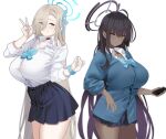  2girls absurdres asuna_(blue_archive) black_choker black_hair black_skirt blue_archive blue_bow blue_bowtie blue_nails blue_ribbon blue_skirt blush bow bowtie breasts choker closed_mouth collared_shirt cowboy_shot dark-skinned_female dark_skin eyes_visible_through_hair grey_hair hair_ornament hair_ribbon halo hands_up highres holding holding_phone karin_(blue_archive) large_breasts long_hair long_sleeves looking_at_viewer miniskirt multiple_girls nail_polish parted_lips phone pleated_skirt ribbon scrunchie shirt shirt_tucked_in simple_background skirt smile thighs tnr_(horiko1525) v white_background white_shirt wrist_scrunchie yellow_eyes 