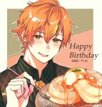  1boy blonde_hair blush collared_shirt commentary_request dated flower food fork hair_between_eyes happy_birthday highres holding holding_fork kinomi_3030 male_focus multicolored_hair open_mouth orange_flower orange_hair pancake project_sekai shinonome_akito shirt short_hair solo streaked_hair teeth two-tone_hair upper_body 