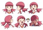  1girl buttons collarbone crying eyelashes hair_ornament hairclip highres jacket long_hair looking_at_viewer multiple_views one_eye_closed pink_eyes pink_hair pokemon pokemon_(game) pokemon_hgss simple_background teeth upper_body upper_teeth_only white_background white_jacket whitney_(pokemon) yoshi_(moco1) 