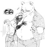  2023 anthro bear belly bepo_(one_piece) big_belly bottomwear clothed clothing duo hat headgear headwear human human_on_anthro humanoid_hands interspecies male male/male mammal minkmen_(one_piece) monochrome moobs navel nekokat42 nipples one_piece open_clothing open_shirt open_topwear overweight overweight_male pants polar_bear shirt tattoo topwear trafalgar_law ursine 