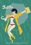  1girl artist_name bag bikini black_hair boots character_name coat flat_color highres holding holding_bag holding_umbrella jucika jucika_(comic) looking_at_viewer midriff navel open_clothes open_coat rain ramb_chop red_bikini red_lips rubber_boots short_hair smile solo standing standing_on_one_leg swimsuit swimsuit_under_clothes umbrella water_drop yellow_footwear yellow_raincoat 