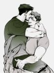  2boys bara chris_redfield closed_eyes closed_mouth couple cucciolomax2022 greyscale highres hug male_focus monochrome multiple_boys muscular muscular_male open_mouth pants piers_nivans resident_evil resident_evil_6 shirt short_hair smile yaoi 