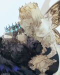 1boy absurdres arthropod_boy butterfly_wings cape cloak collared_shirt crown diamond_hairband fate/grand_order fate_(series) fur-trimmed_cape fur-trimmed_cloak fur_trim grey_hair highres insect_wings long_sleeves maidhao male_focus medium_hair oberon_(fate) oberon_(third_ascension)_(fate) shirt simple_background smile solo upper_body white_background white_hair white_shirt wings 