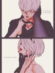  1boy 1girl 2b_(nier:automata) 9s_(nier:automata) absurdres black_gloves choker closed_eyes english_text feet gloves hair_over_eyes highres iz_stardust mole mole_under_mouth nier:automata nier_(series) no_blindfold short_hair simple_background undressing upper_body white_hair 