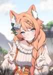  1girl absurdres animal_ear_fluff animal_ears blurry blurry_background bow braid bright_pupils cat_choker choker collarbone double_v dress flower gradient_hair grey_eyes hair_flower hair_ornament highres indie_virtual_youtuber leaf_hair_ornament leony_(vtuber) lion_ears lion_girl multicolored_hair orange_choker orange_corset orange_hair puffy_sleeves side_braid solo v valefal_coneri white_bow white_dress white_flower white_pupils 