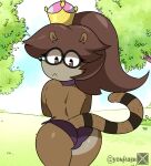  absurd_res anthro big_butt black_nose brown_body brown_fur brown_hair butt cartoon_network clothed clothing crown digital_media_(artwork) farbi fur hair headgear hi_res looking_down male mammal mario_bros nintendo outside procyonid raccoon regular_show rigbette_(benson_dancing) rigby_(regular_show) solo super_crown tail topless wide_hips 