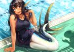  159cm 1girl :d black_hair black_one-piece_swimsuit blue_eyes blush breasts collarbone commentary_request competition_swimsuit dark-skinned_female dark_skin fins head_fins long_hair looking_to_the_side mermaid monster_girl one-piece_swimsuit open_mouth original pool shadow sitting smile solo swimsuit teeth upper_teeth_only water wet wet_clothes wet_swimsuit 