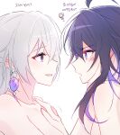  2girls 6_(yuchae) ahoge blue_eyes blue_hair blush bronya_rand collarbone couple ear_blush earrings grey_hair hair_between_eyes honkai:_star_rail honkai_(series) jewelry korean_commentary korean_text long_hair looking_at_another multiple_girls nude open_mouth seele_(honkai:_star_rail) simple_background upper_body v-shaped_eyebrows white_background yuri 