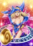  1girl bare_shoulders blonde_hair blue_footwear blue_headwear blush blush_stickers breasts choker cleavage dark_magician_girl duel_monster green_eyes hair_between_eyes hat hexagram highres holding holding_wand large_breasts long_hair looking_at_viewer multicolored_background muto_dt open_mouth pentacle pentagram purple_background red_background smile solo sparkle_background staff wand wizard_hat yellow_background yu-gi-oh! yu-gi-oh!_duel_monsters 