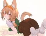  1girl alternate_costume animal_ears arknights beanstalk_(arknights) brown_hair brown_skirt closed_mouth commentary_request feet_up from_side green_sweater hyena_ears hyena_girl hyena_tail kochiya_(gothope) light_smile long_hair looking_at_viewer looking_to_the_side lying on_stomach red_eyes short_sleeves simple_background skirt socks solo sweater sweater_vest tail white_background white_socks 
