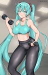  1girl absurdres aqua_bra aqua_eyes aqua_hair aqua_nails bare_shoulders black_leggings bra breasts exercise hair_ornament hatsune_miku highres leggings long_hair medium_breasts midriff open_mouth solo sports_bra sportswear tesu@youbon twintails underwear very_long_hair vocaloid weightlifting weights 