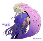  1girl blonde_hair breasts breath_of_fire breath_of_fire_ii bridal_gauntlets dated dress feathered_wings green_eyes highres long_hair nina_(breath_of_fire_ii) purple_wings sf_going_on side_slit simple_background solo twitter_username white_background wings 