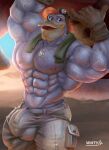  abs anatid anseriform anthro avian big_bulge bird bulge clothed clothing detailed_bulge disney duck ducktales hi_res launchpad_mcquack male muscular solo topless wintech3112 