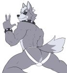  2023 anthro butt canid canine canis clothing collar eye_patch eyewear fox fur grey_body grey_fur hair hi_res jockstrap jrjresq male mammal muscular muscular_anthro muscular_male nintendo simple_background solo star_fox tail underwear wolf wolf_o&#039;donnell 