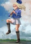  1girl bc_freedom_school_uniform blonde_hair blue_cardigan boots cardigan drill_hair girls_und_panzer green_eyes highres instrument kanokoga long_hair long_sleeves marie_(girls_und_panzer) recorder school_uniform skirt solo white_skirt 