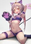  1girl absurdres ahoge animal_ears animal_hands arm_strap breasts cat_ears cat_lingerie cat_paws cat_tail choker cleavage_cutout clothing_cutout commentary_request hakusyokuto highres meme_attire navel onii-chan_wa_oshimai! open_mouth oyama_mahiro simple_background sitting small_breasts tail thigh_strap twintails wariza 