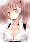  1girl artist_name atlanta_(kancolle) blue_eyes blush breasts buttons cleavage collarbone dated earrings highres jewelry kantai_collection large_breasts light_brown_hair looking_to_the_side momokaze_kuri pursed_lips shirt solo sound_effects star_(symbol) star_earrings twintails upper_body white_shirt 