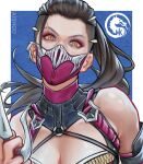  1girl ai_shou artist_name black_hair blue_background border breasts cleavage dagger english_commentary eyeliner highres holding holding_dagger holding_knife holding_weapon knife looking_at_viewer makeup mask mileena mortal_kombat_(series) mortal_kombat_1_(2023) mouth_mask ninja ninja_mask orange_eyes ponytail sai_(weapon) slit_pupils solo upper_body weapon white_border 