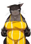  absurd_res anthro biped black_body black_fur breasts cleavage clothed clothing domestic_cat felid feline felis female front_view fur grey_body grey_fur hi_res mammal menyang nipple_outline open_mouth pawpads simple_background solo white_background white_eyes 
