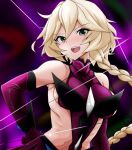  1girl aged_up blonde_hair blue_eyes braid braided_ponytail breasts carol_malus_dienheim clothing_cutout elbow_gloves gloves highres long_hair looking_at_viewer medium_breasts mole mole_under_eye purple_gloves ribs senki_zesshou_symphogear side_cutout sideless_outfit solo tarabaganioisii upper_body wire 