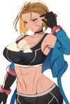  1girl absurdres adjusting_hair antenna_hair black_choker blonde_hair blue_eyes breasts cammy_white choker cleavage gloves highres jacket jacket_partially_removed large_breasts midriff mizore_syrup pants scar scar_on_face short_hair solo sports_bra street_fighter street_fighter_6 white_background yoga_pants 