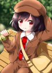  1girl bag bench black_hair brown_headwear bush food hand_in_own_hair handbag hat highres holding holding_food on_bench one-hour_drawing_challenge red_eyes red_tie ruu_(tksymkw) shameimaru_aya short_hair touhou wooden_bench 