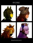  4girls album_cover album_cover_redraw animal_ears beanie black_hair blue_bow blunt_bangs bow braid brown_hair brown_headwear cover crown_braid demon_days_(gorillaz) derivative_work ear_bow ears_through_headwear fantomyu from_side gold_ship_(umamusume) gorillaz green_eyes grey_hair hair_bow hat headset highres horse_ears horse_girl kin&#039;iro_ryotei_(umamusume) long_hair looking_at_viewer low_ponytail mask messy_hair mouth_mask multiple_girls nakayama_festa_(umamusume) orfevre_(umamusume) parody pillbox_hat purple_bow purple_eyes umamusume white_background 