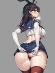  1girl absurdres ass ass_focus black_hair black_hairband black_panties blue_sailor_collar blue_skirt breasts brown_eyes commentary_request cosplay cowboy_shot crop_top elbow_gloves from_behind gloves grey_background hairband highleg highleg_panties highres huge_ass kantai_collection microskirt neckerchief panties sailor_collar shimakaze_(kancolle) shimakaze_(kancolle)_(cosplay) shiny_skin skindentation skirt striped striped_thighhighs thick_thighs thighhighs thighs thong torisan underboob underwear ushio_(kancolle) 