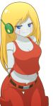 1girl android arms_behind_back belt blonde_hair blue_eyes breasts cleavage curly_brace doukutsu_monogatari earpiece english_commentary game_cg half-closed_eyes large_breasts long_hair looking_at_viewer mike_inel navel pants smile solo standing tank_top transparent_background 
