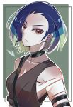  1girl asymmetrical_bangs bare_shoulders black_choker blue_hair breasts brown_eyes choker collarbone crop_top highres medium_breasts nirgy off-shoulder_shirt off_shoulder perrin_(pokemon) photographer pokemon pokemon_(game) pokemon_sv shirt short_sleeves solo 